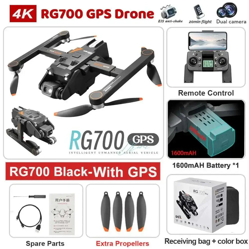 RG700 4K GPS drone with extra propellers, remote control, 1600mAh battery, and carrying case for aerial photography.