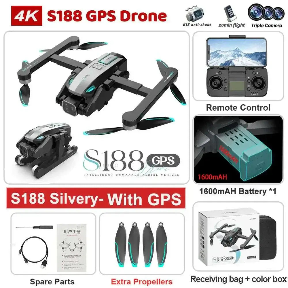 4K S188 GPS drone with HD camera, remote control, 1600mAh battery, spare parts, and foldable design features.