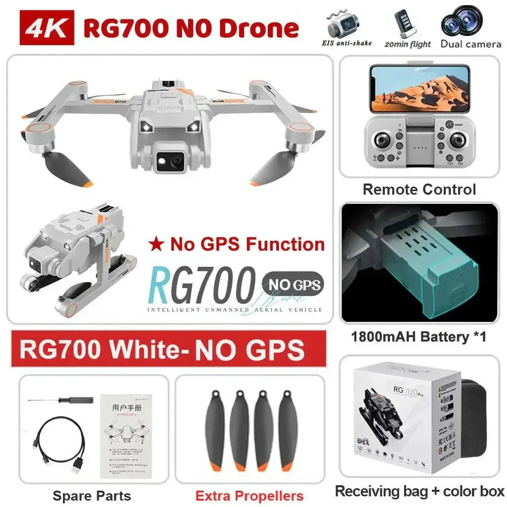 RG700 4K No GPS drone with remote control, dual camera, 1800mAh battery, spare parts, extra propellers, and carrying case.