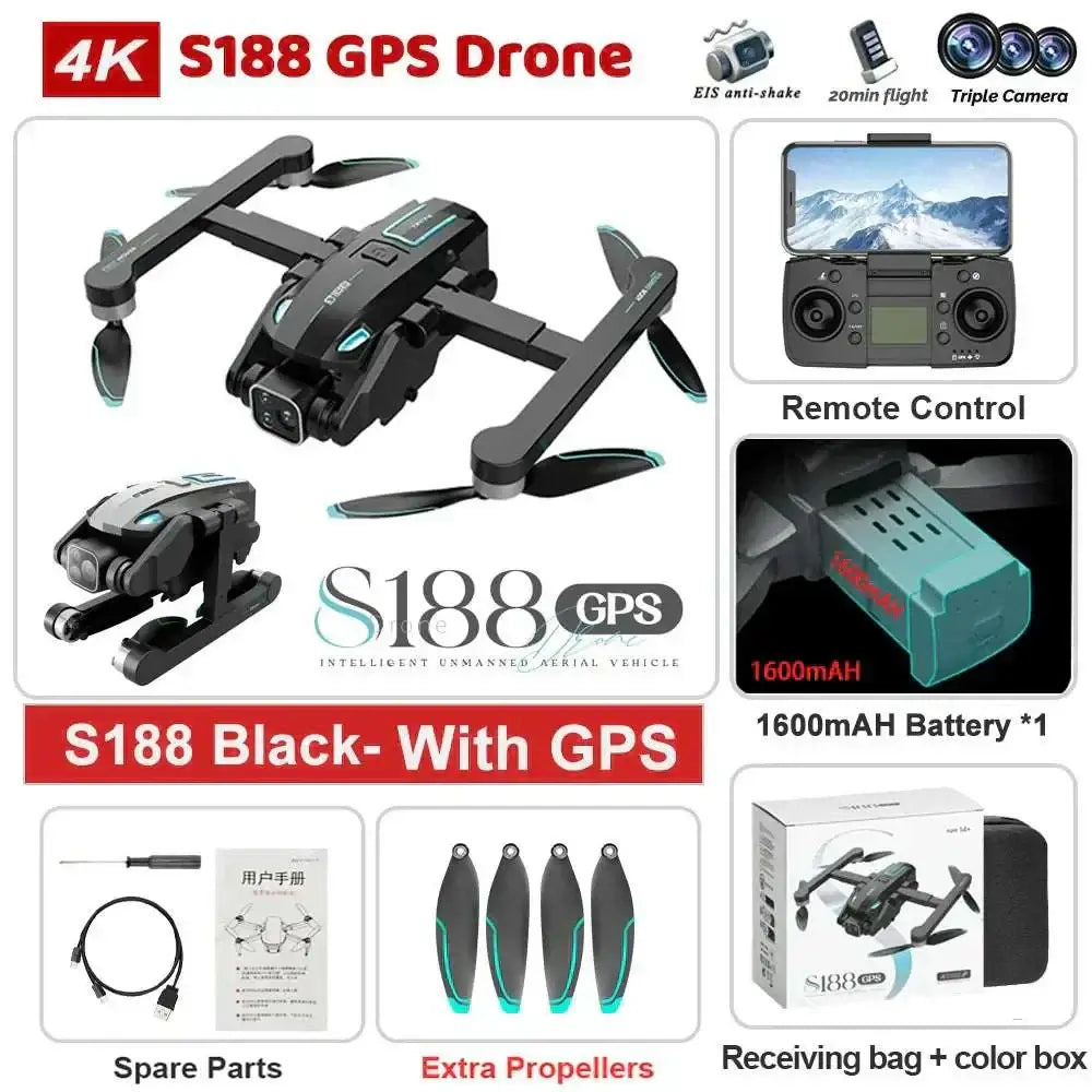 4K S188 Pro Drone with HD Camera, GPS, Foldable Design, and Accessories including Extra Propellers and Remote Control.