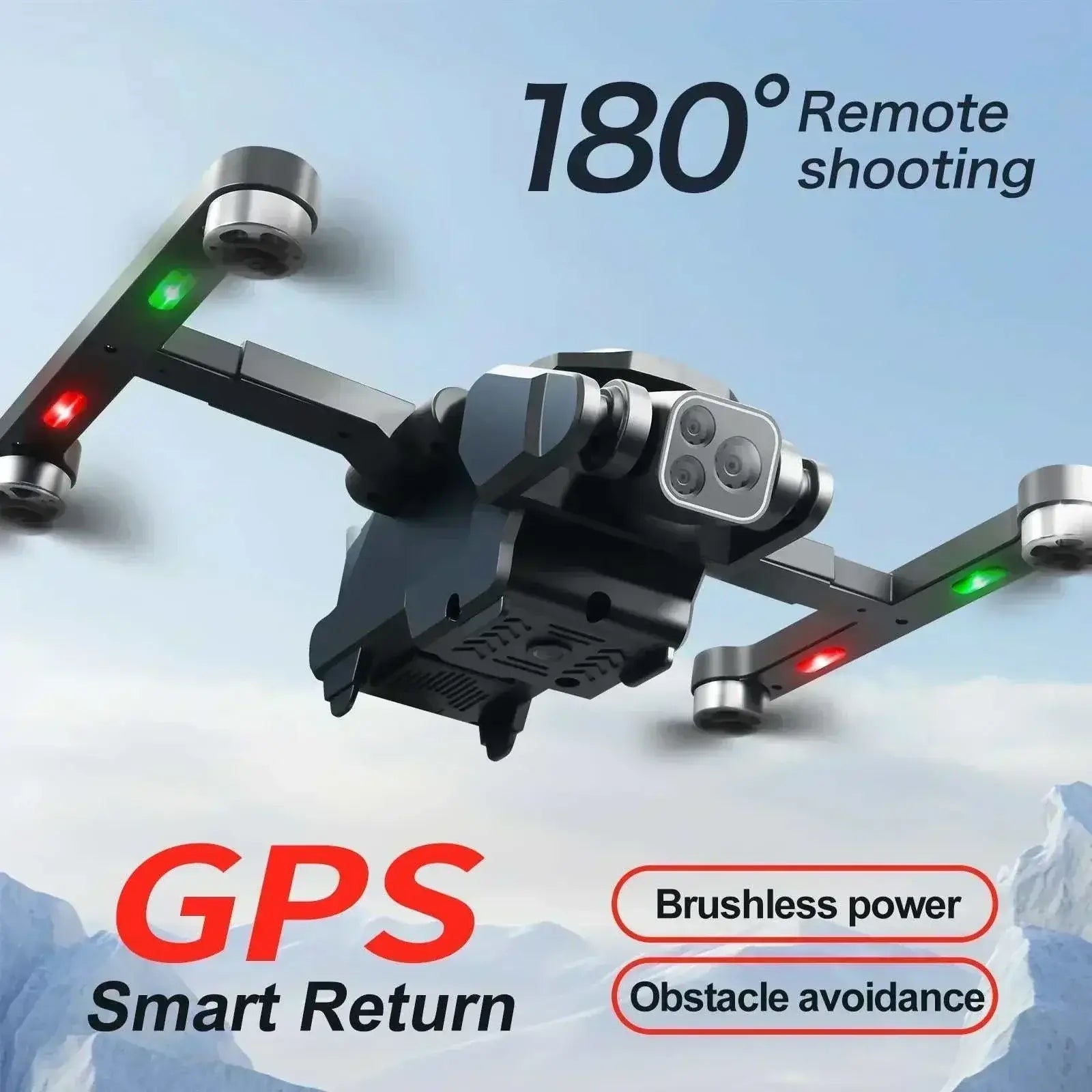 4K S188 Pro Drone with HD camera in flight featuring GPS, obstacle avoidance, and brushless power against a mountain backdrop.