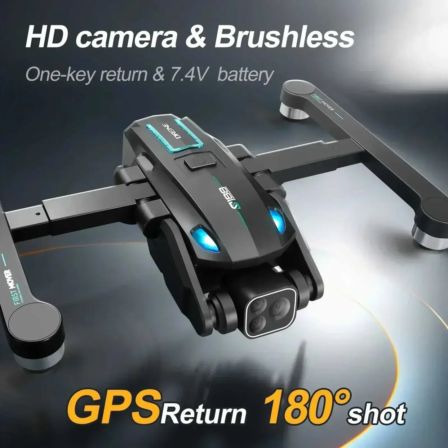 Black foldable drone with HD camera and GPS, featuring a brushless design and highlighting its 180-degree shot capability.